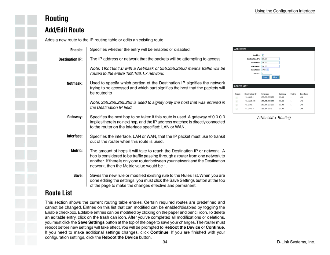 D-Link DGL-4300 manual Routing, Add/Edit Route, Route List, Enable Destination IP Netmask Gateway Interface Metric Save 