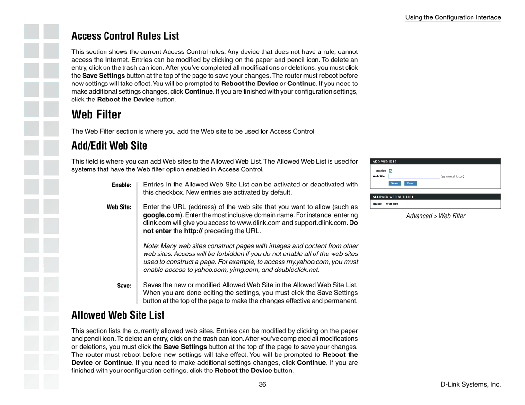 D-Link DGL-4300 manual Web Filter, Access Control Rules List, Add/Edit Web Site, Allowed Web Site List, Enable 