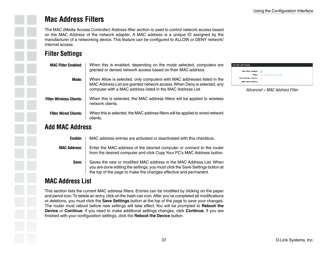 D-Link DGL-4300 manual Mac Address Filters, Filter Settings, Add MAC Address, MAC Address List, Enable MAC Address Save 