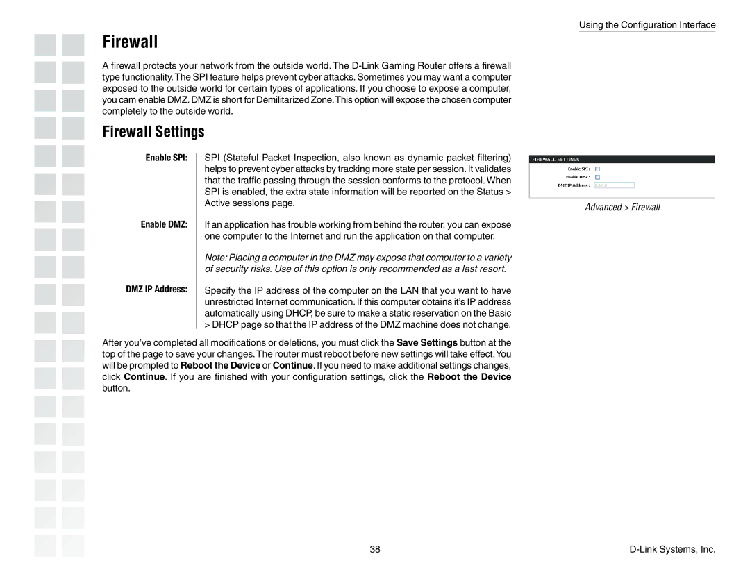 D-Link DGL-4300 manual Firewall Settings, Enable SPI Enable DMZ DMZ IP Address 