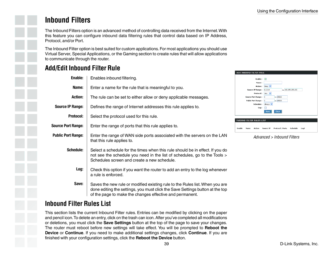 D-Link DGL-4300 manual Inbound Filters, Add/Edit Inbound Filter Rule, Inbound Filter Rules List 