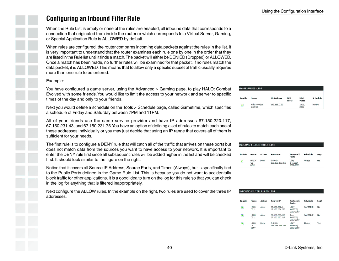 D-Link DGL-4300 manual Configuring an Inbound Filter Rule 