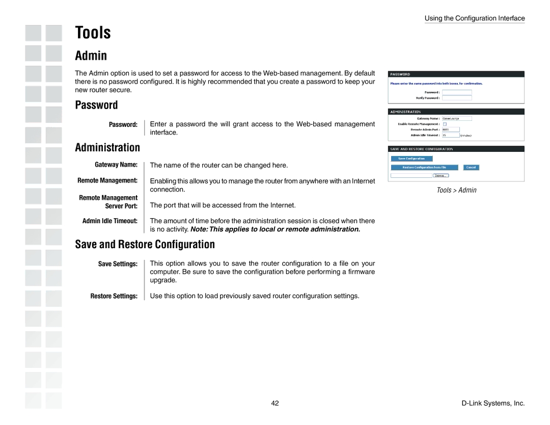 D-Link DGL-4300 manual Tools, Password, Administration, Save and Restore Configuration 