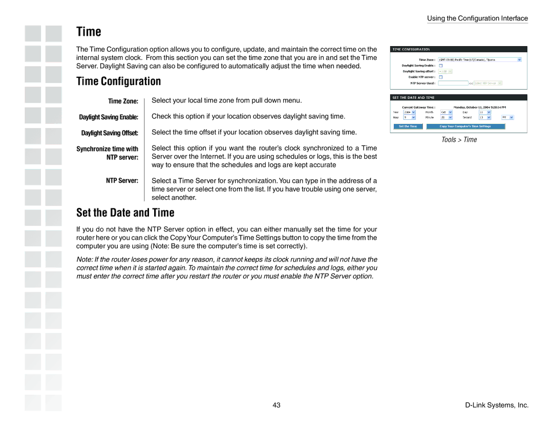 D-Link DGL-4300 manual Time Configuration, Set the Date and Time, Time Zone, NTP Server 