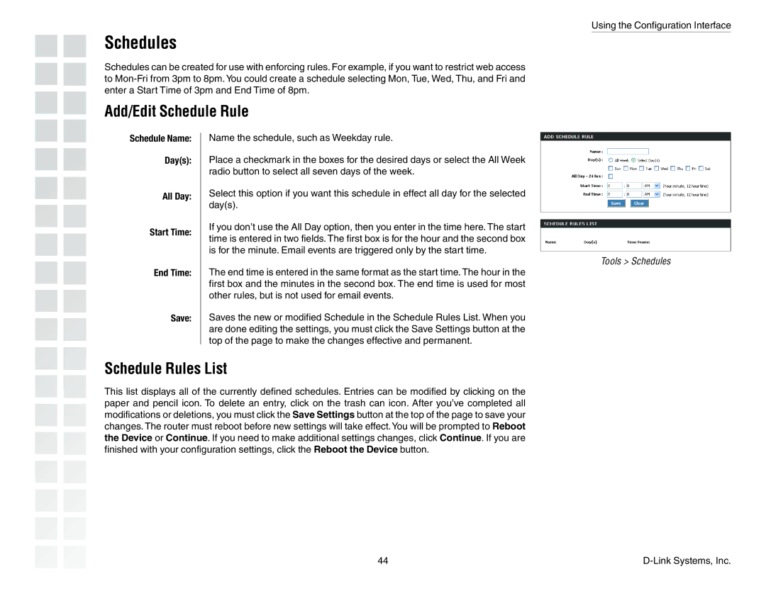 D-Link DGL-4300 manual Schedules, Add/Edit Schedule Rule, Schedule Rules List 