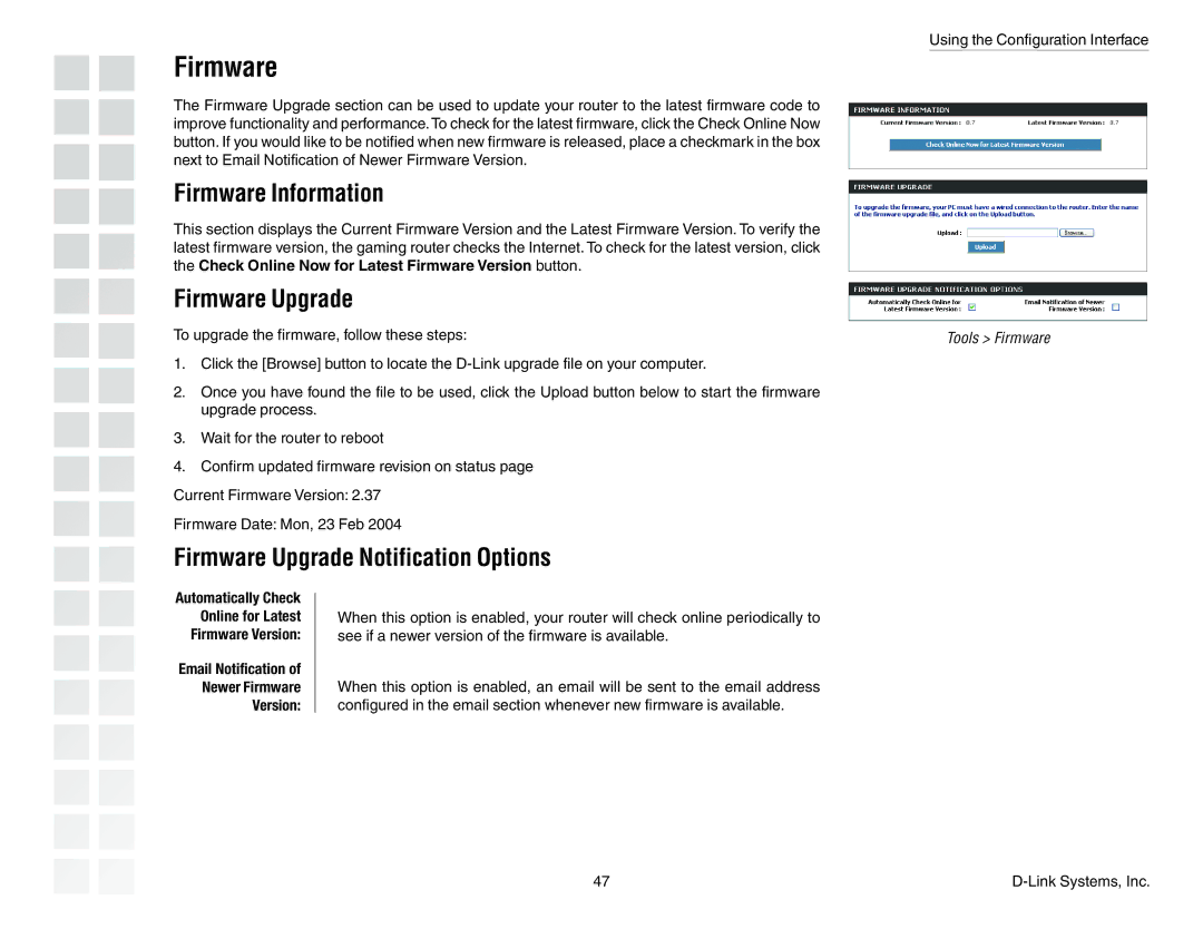 D-Link DGL-4300 manual Firmware Information, Firmware Upgrade Notification Options 