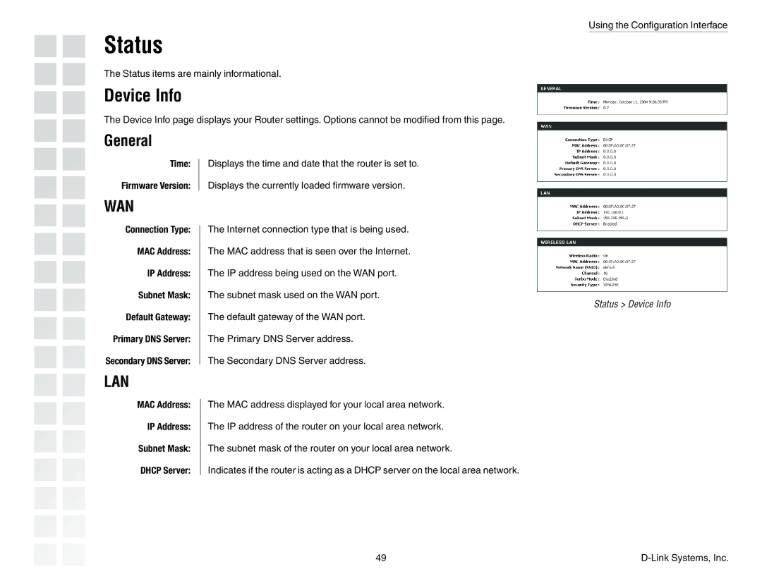 D-Link DGL-4300 manual Status, Device Info, General 