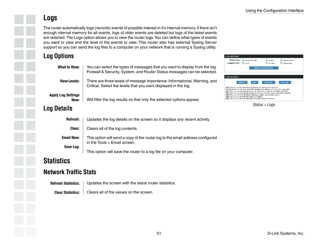 D-Link DGL-4300 manual Logs, Statistics, Log Options, Log Details, Network Traffic Stats 