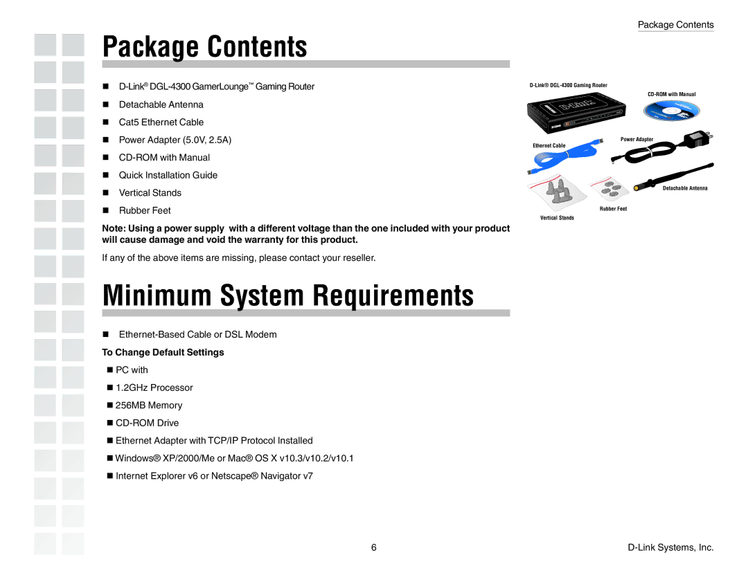 D-Link DGL-4300 manual Package Contents, Minimum System Requirements 