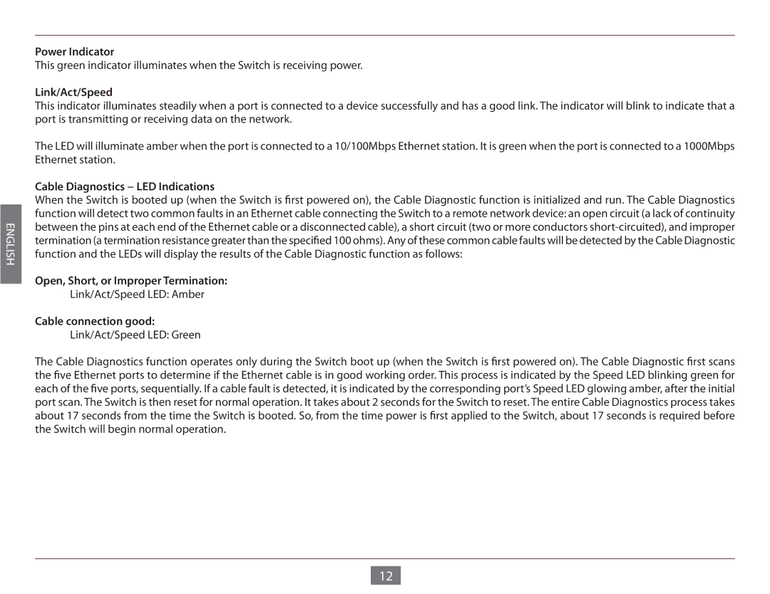 D-Link DGS-1005G manual Power Indicator, Link/Act/Speed, Cable Diagnostics − LED Indications, Cable connection good 