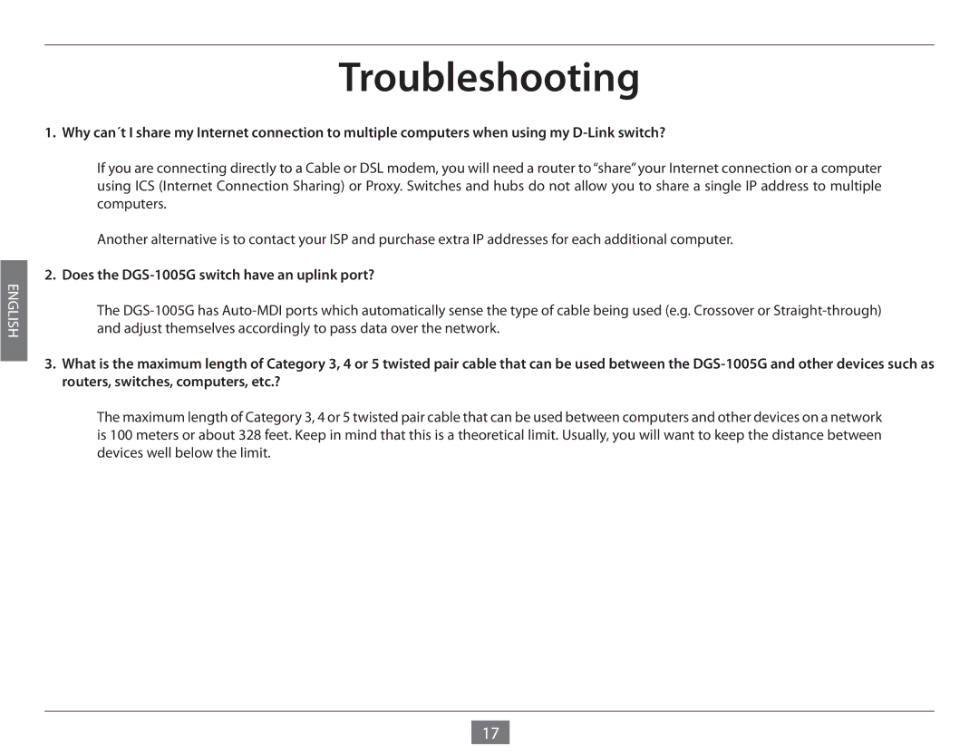 D-Link manual Troubleshooting, Does the DGS-1005G switch have an uplink port? 