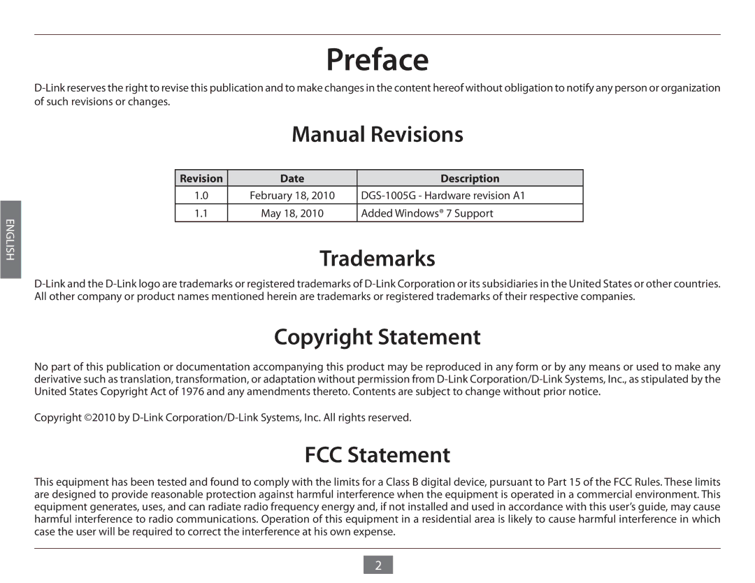 D-Link DGS-1005G manual Preface, Revision Date 