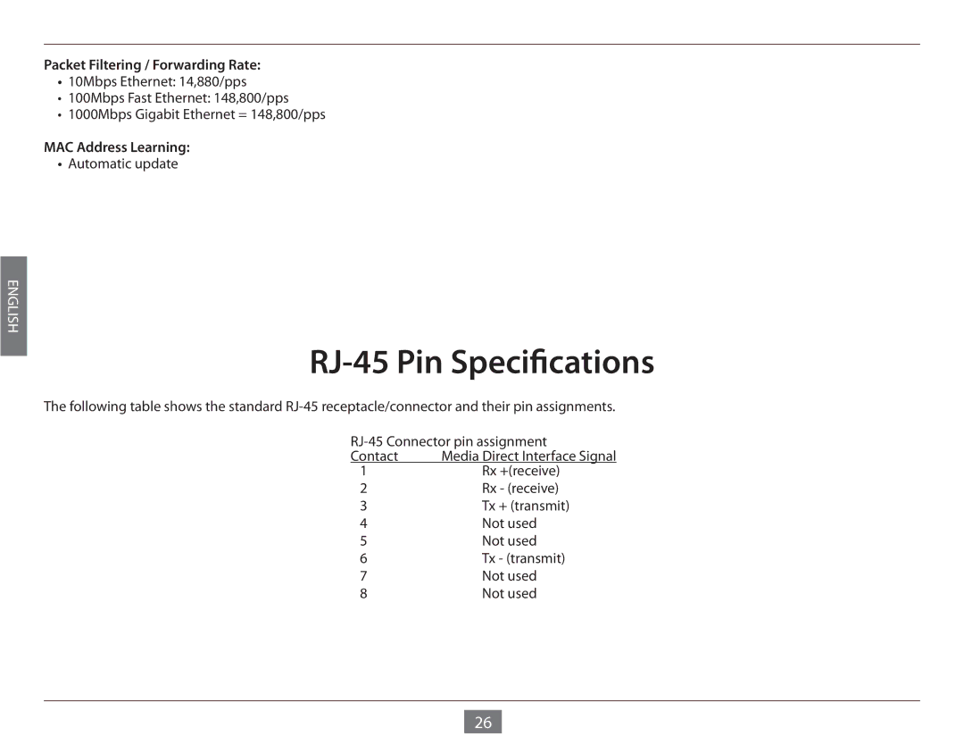 D-Link DGS-1005G manual RJ-45 Pin Specifications, Packet Filtering / Forwarding Rate, MAC Address Learning 