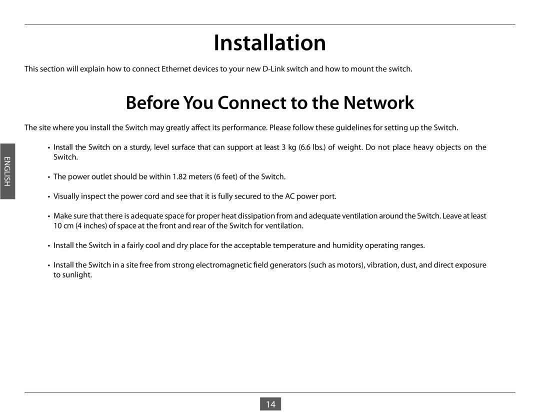 D-Link DGS-1005G manual Installation, Before You Connect to the Network, English 