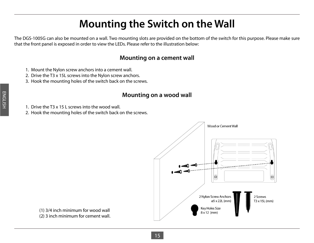 D-Link DGS-1005G manual Mounting the Switch on the Wall, Mounting on a cement wall, Mounting on a wood wall, English 