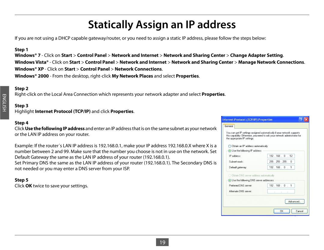 D-Link DGS-1005G manual Statically Assign an IP address, English 