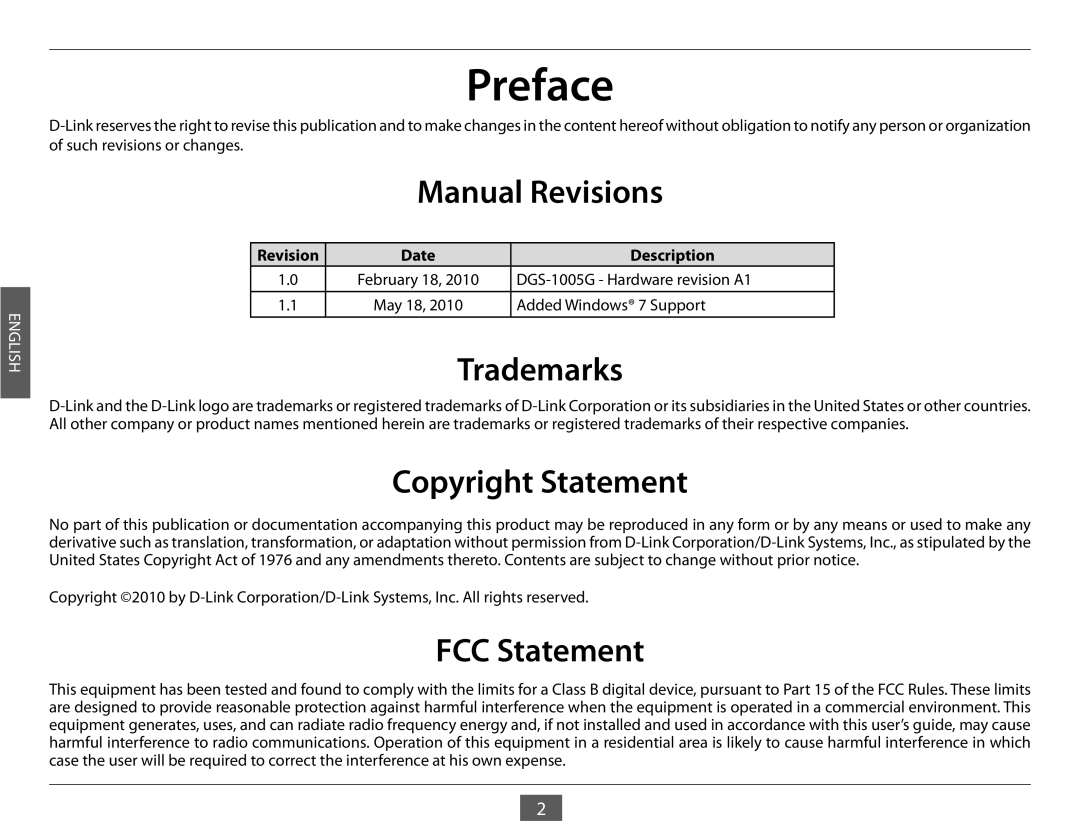 D-Link DGS-1005G manual Preface, English, Manual Revisions, Trademarks, Copyright Statement, FCC Statement 