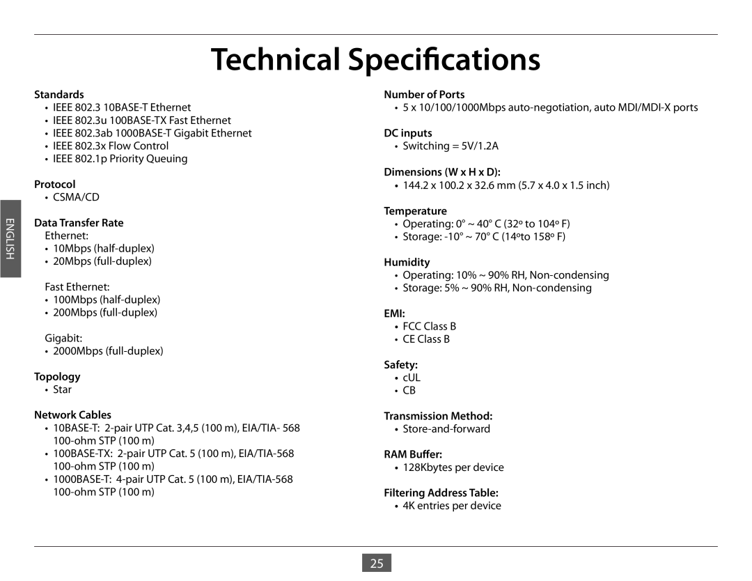 D-Link DGS-1005G manual Technical Specifications, English 