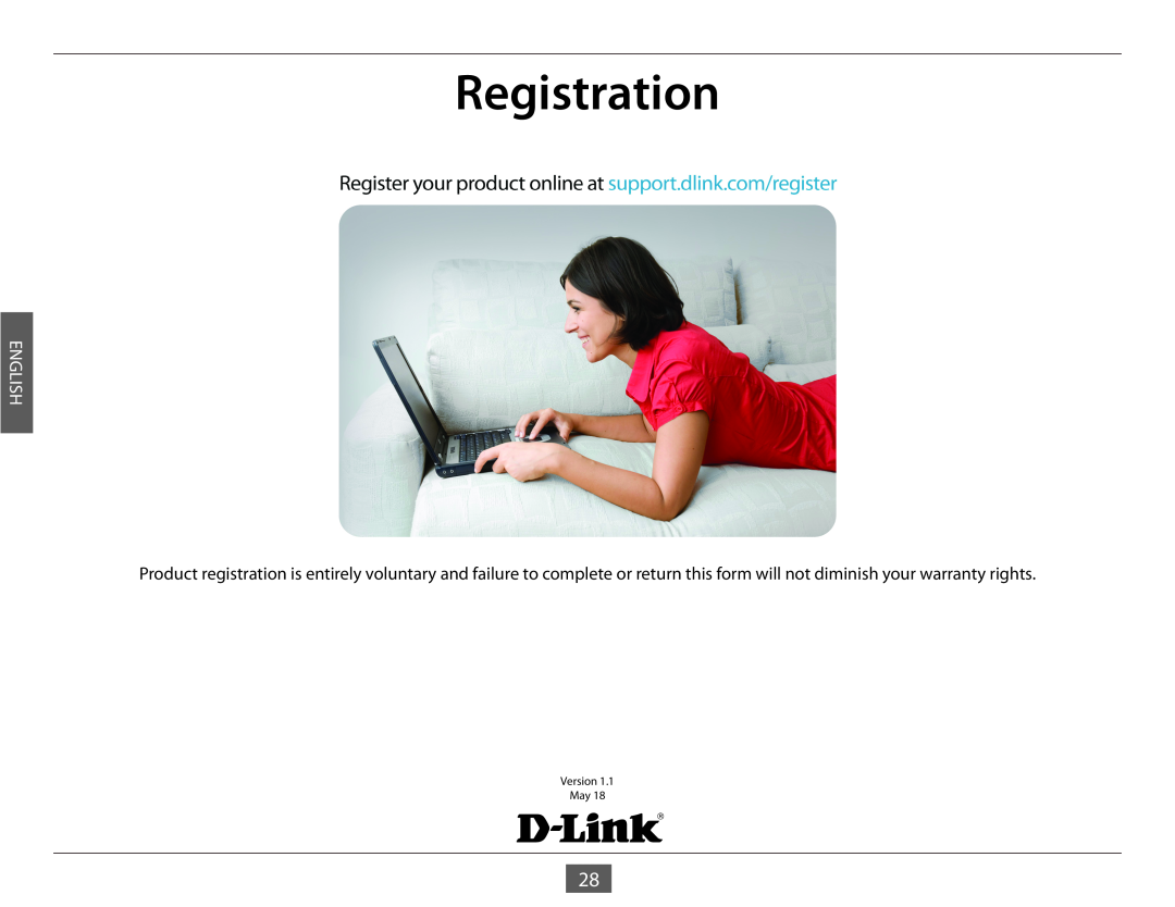 D-Link DGS-1005G manual Registration, English, Version May 