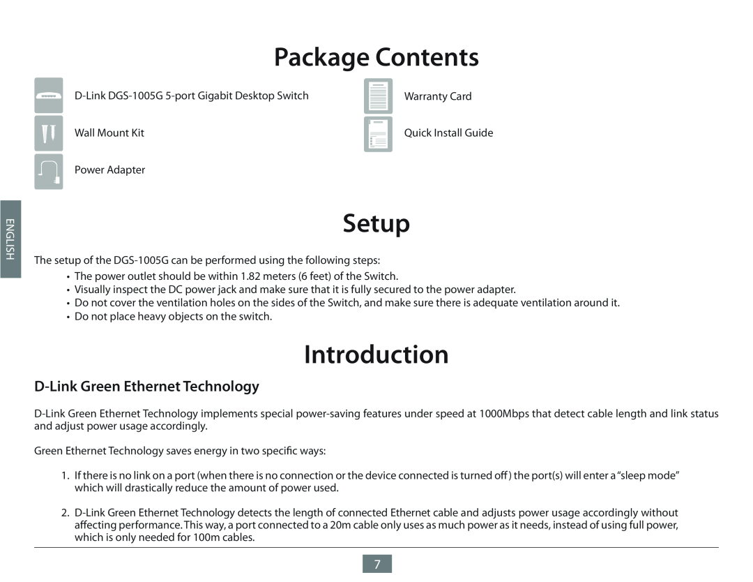 D-Link DGS-1005G manual Setup, Introduction, D-Link Green Ethernet Technology, Product Overview, Package Contents, English 