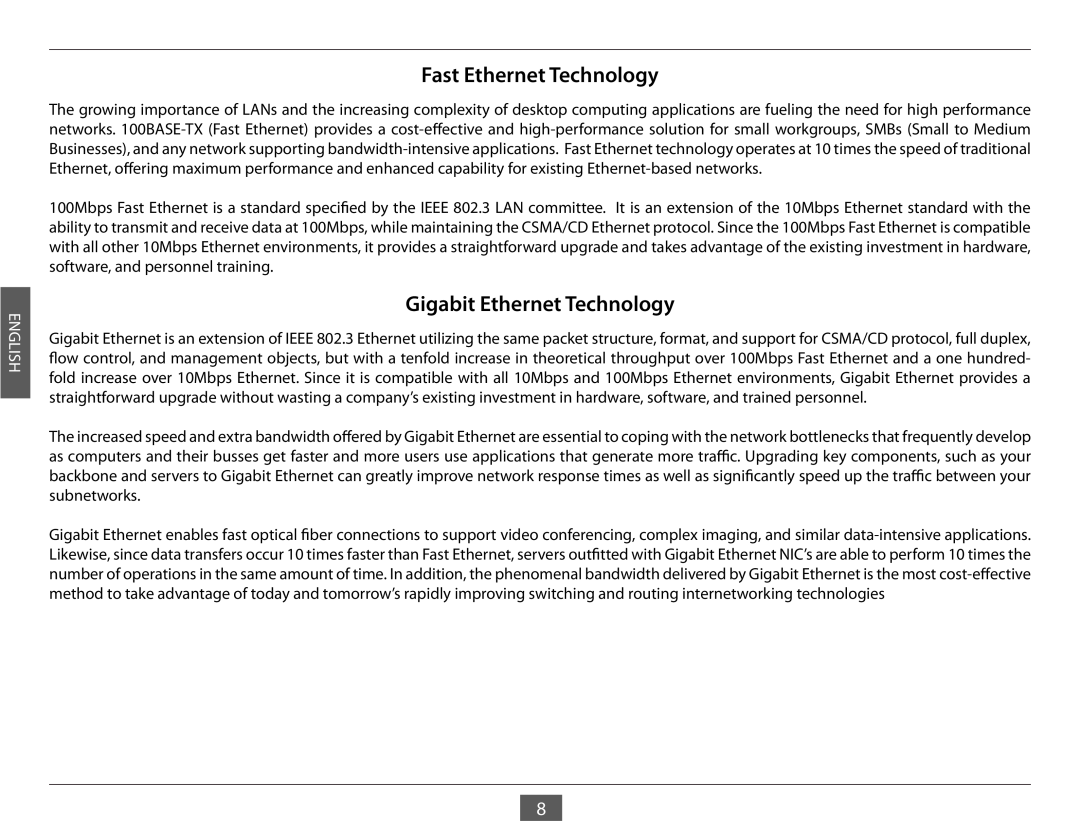 D-Link DGS-1005G manual Fast Ethernet Technology, Gigabit Ethernet Technology, English 