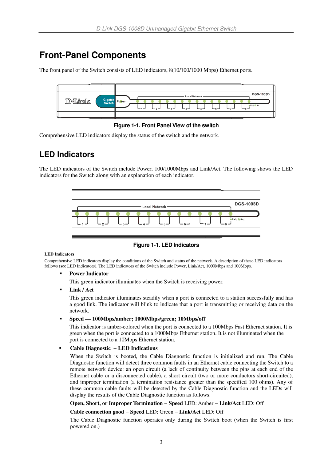 D-Link DGS-1008D manual Front-Panel Components, LED Indicators 