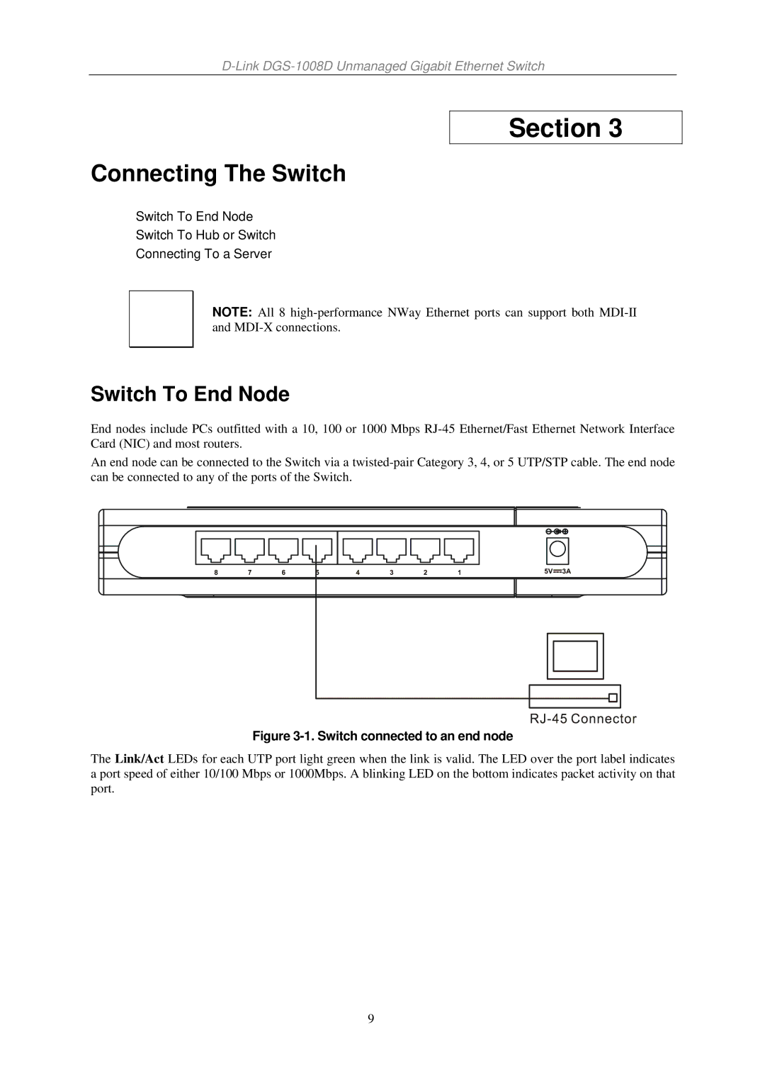 D-Link DGS-1008D manual Connecting The Switch, Switch To End Node 