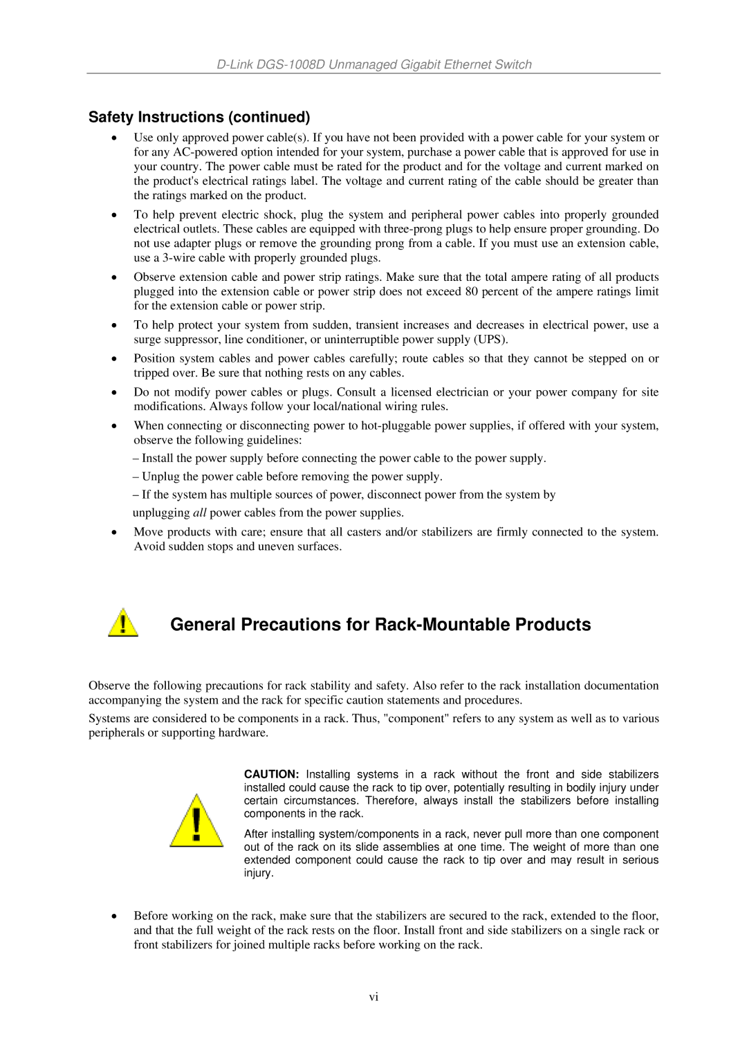 D-Link DGS-1008D manual General Precautions for Rack-Mountable Products, Safety Instructions 