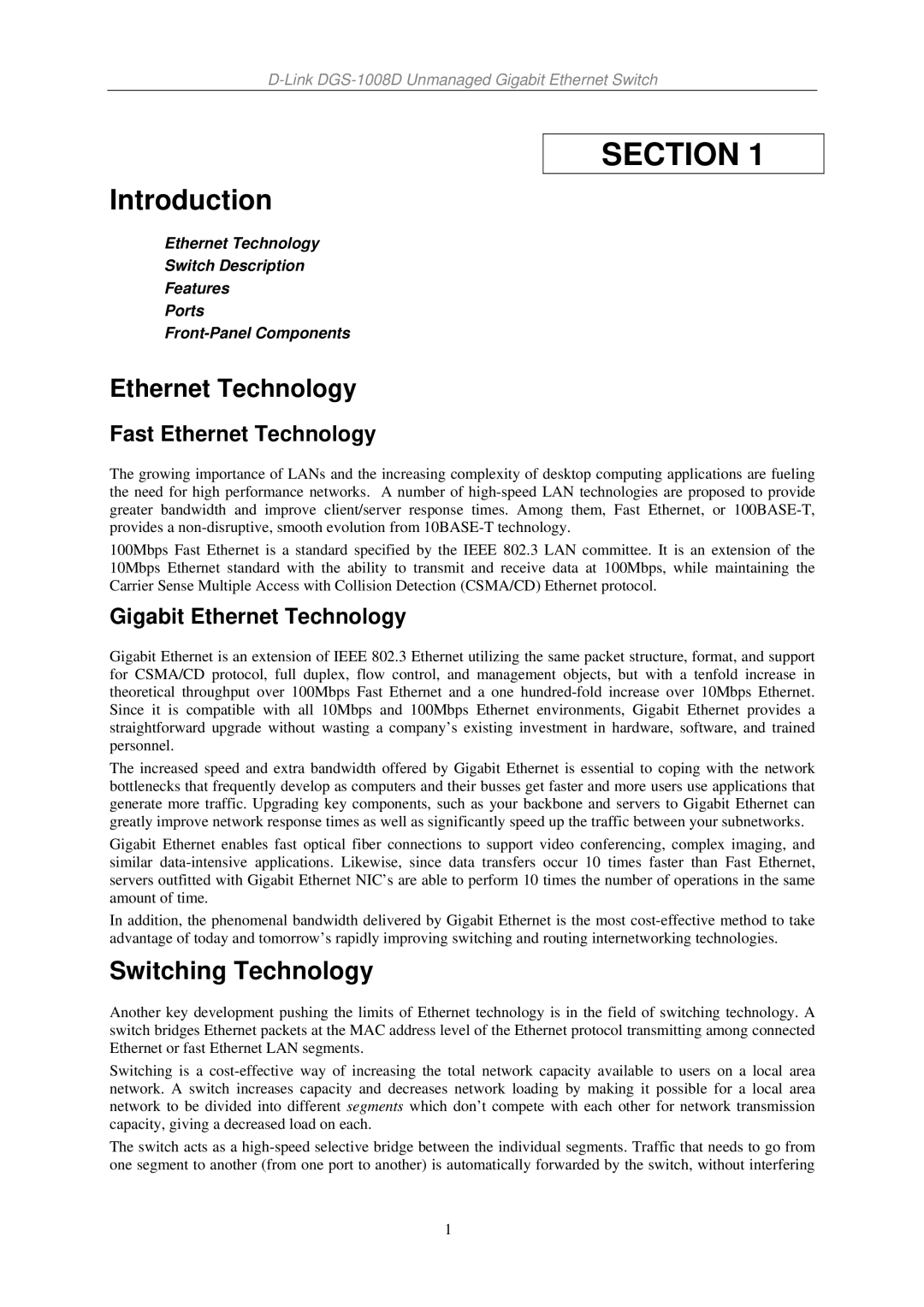 D-Link DGS-1008D manual Introduction, Switching Technology, Fast Ethernet Technology, Gigabit Ethernet Technology 