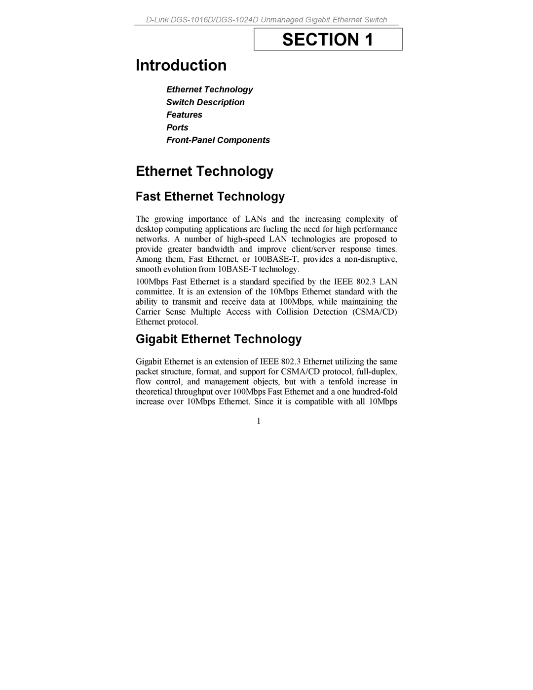 D-Link DGS-1024, DGS-1016 manual Fast Ethernet Technology, Gigabit Ethernet Technology 