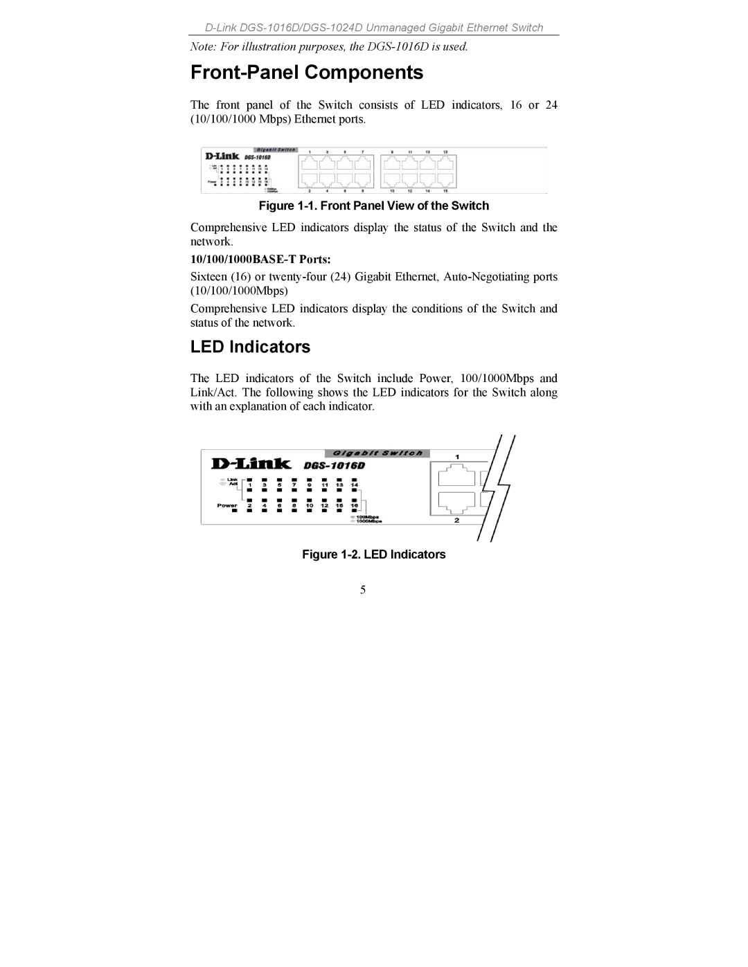D-Link DGS-1024, DGS-1016 manual Front-Panel Components, LED Indicators 