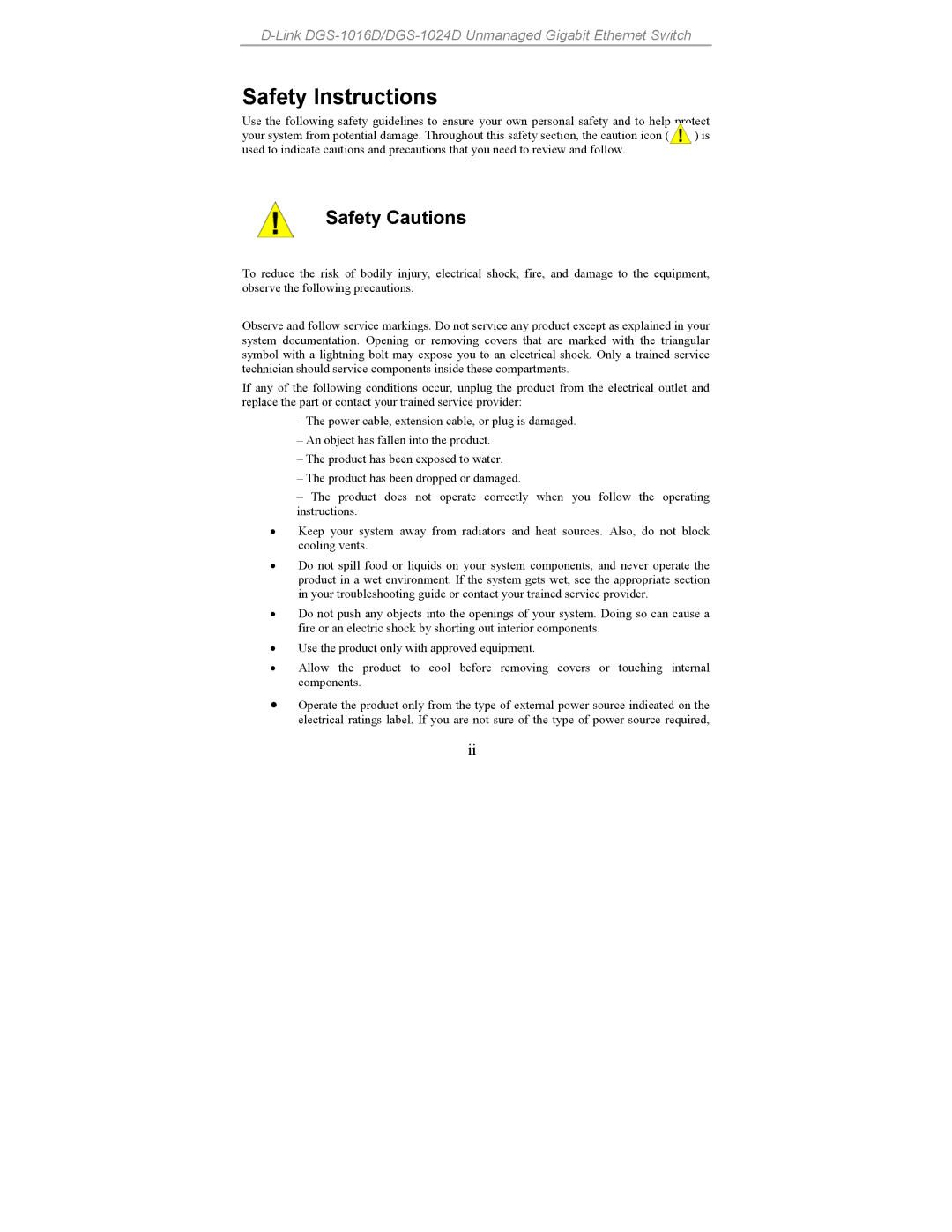 D-Link DGS-1016, DGS-1024 manual Safety Instructions, Safety Cautions 