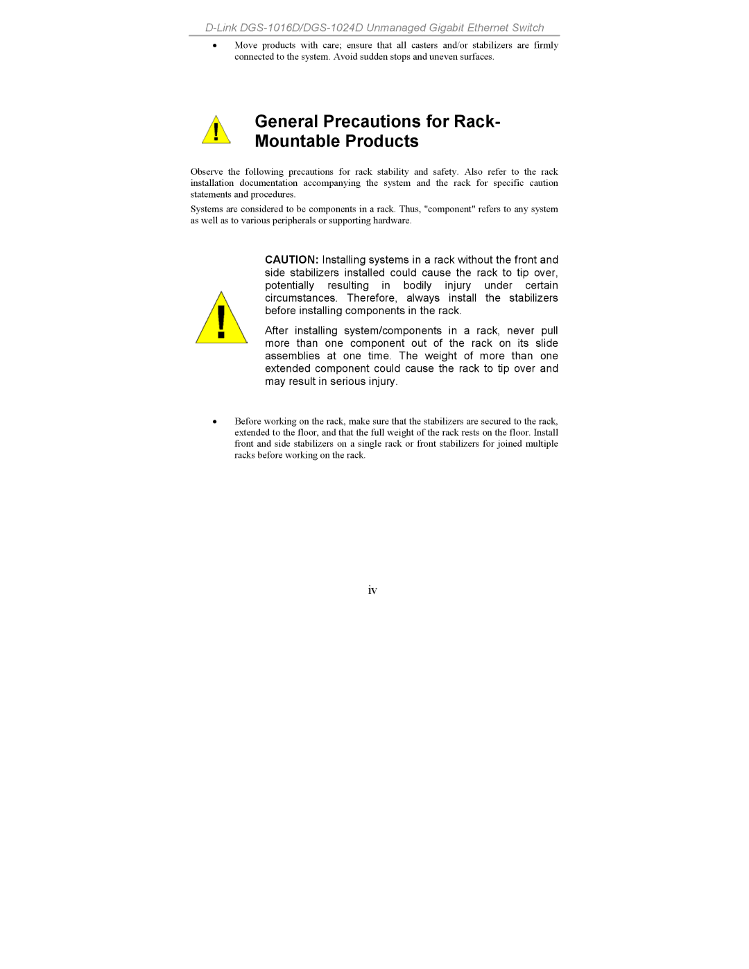 D-Link DGS-1016, DGS-1024 manual General Precautions for Rack Mountable Products 