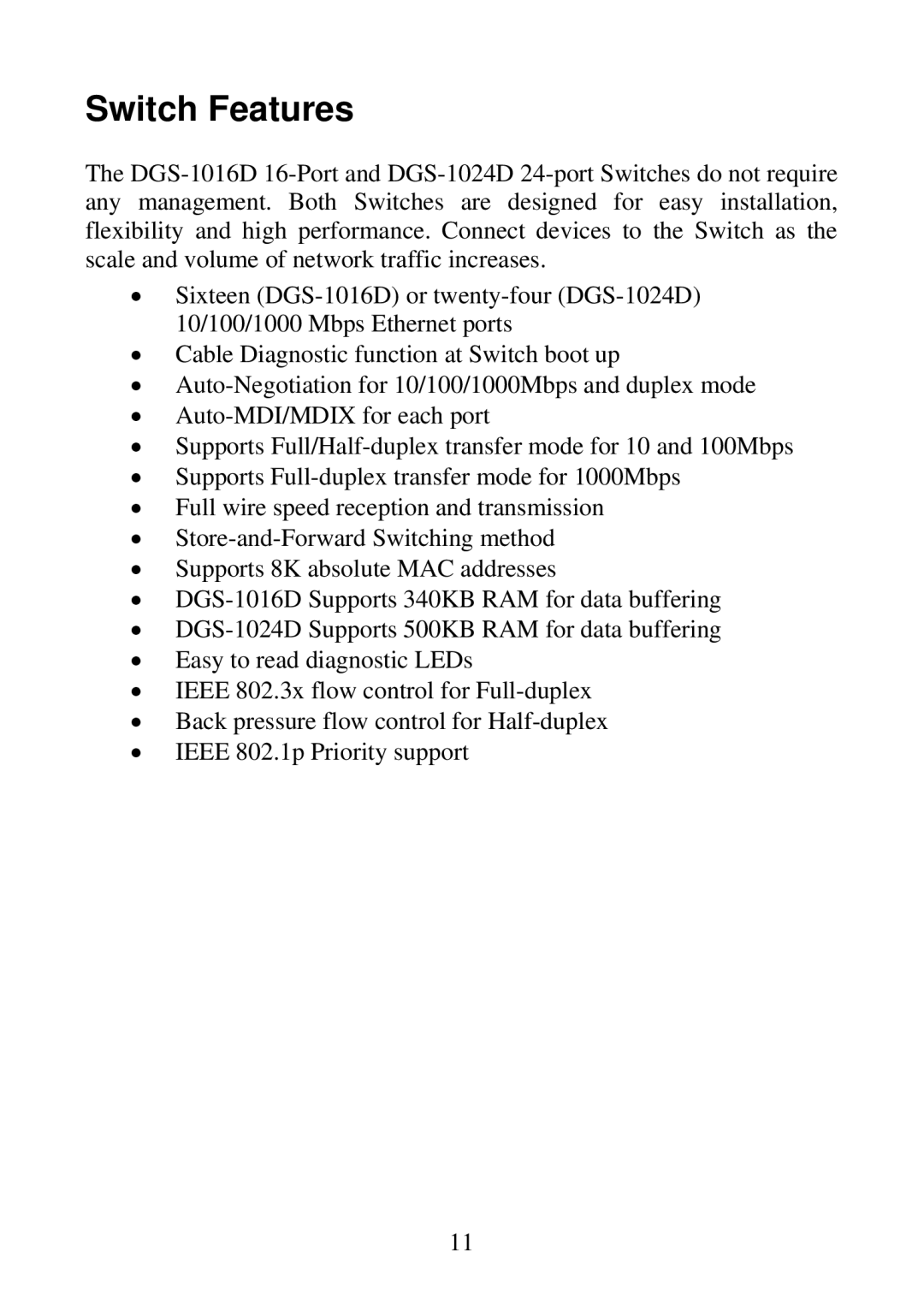 D-Link DGS-1016D, DGS-1024D manual Switch Features 