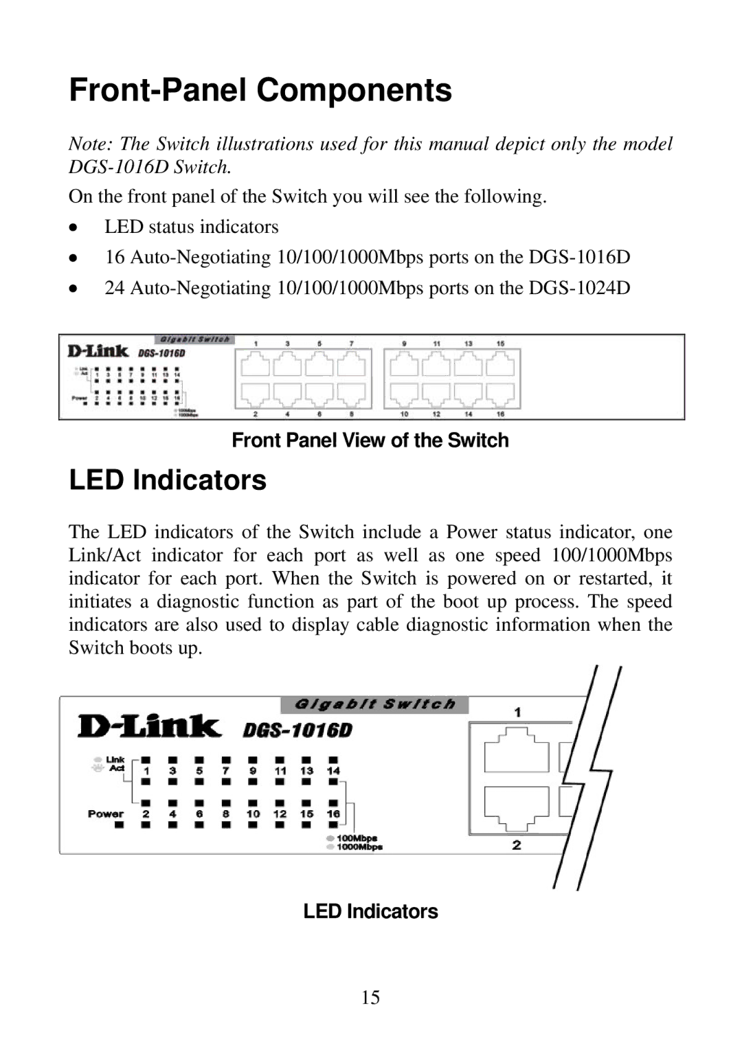 D-Link DGS-1016D, DGS-1024D manual Front-Panel Components, LED Indicators, Front Panel View of the Switch 