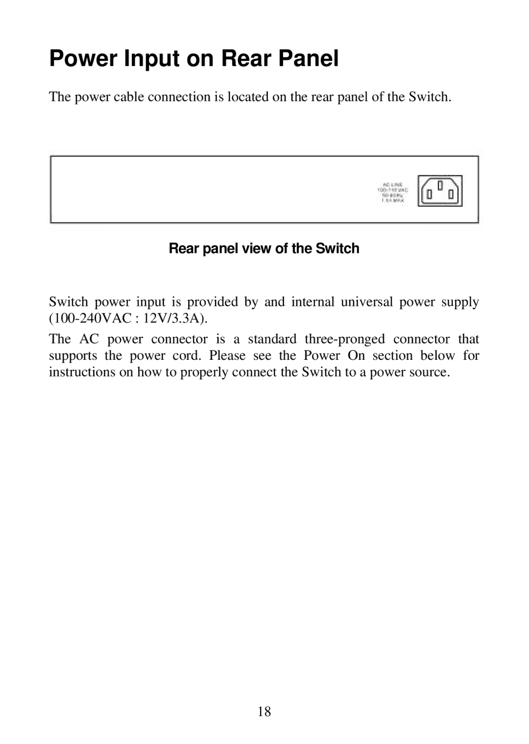 D-Link DGS-1024D, DGS-1016D manual Power Input on Rear Panel, Rear panel view of the Switch 