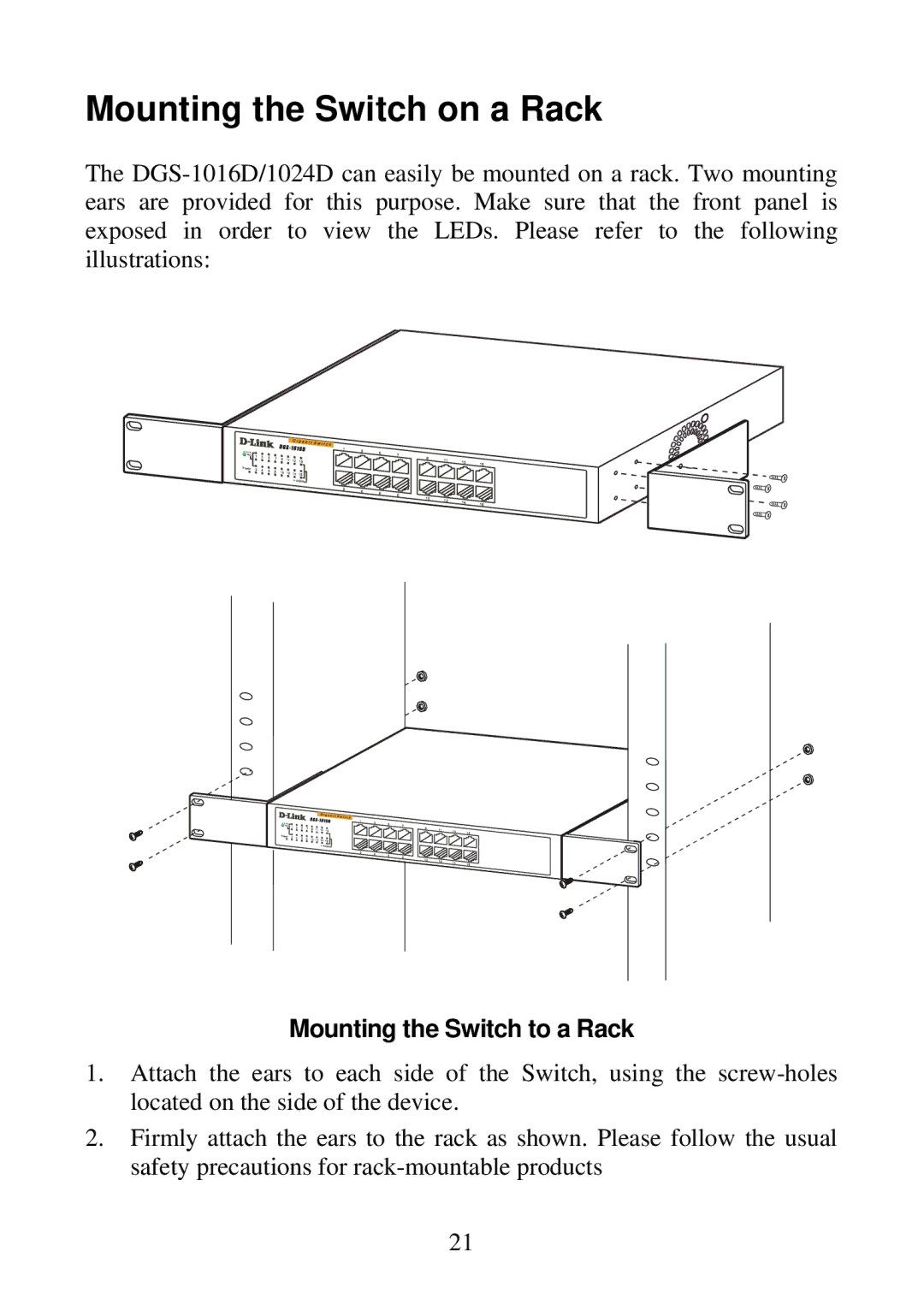 D-Link DGS-1016D, DGS-1024D manual Mounting the Switch on a Rack, Mounting the Switch to a Rack 