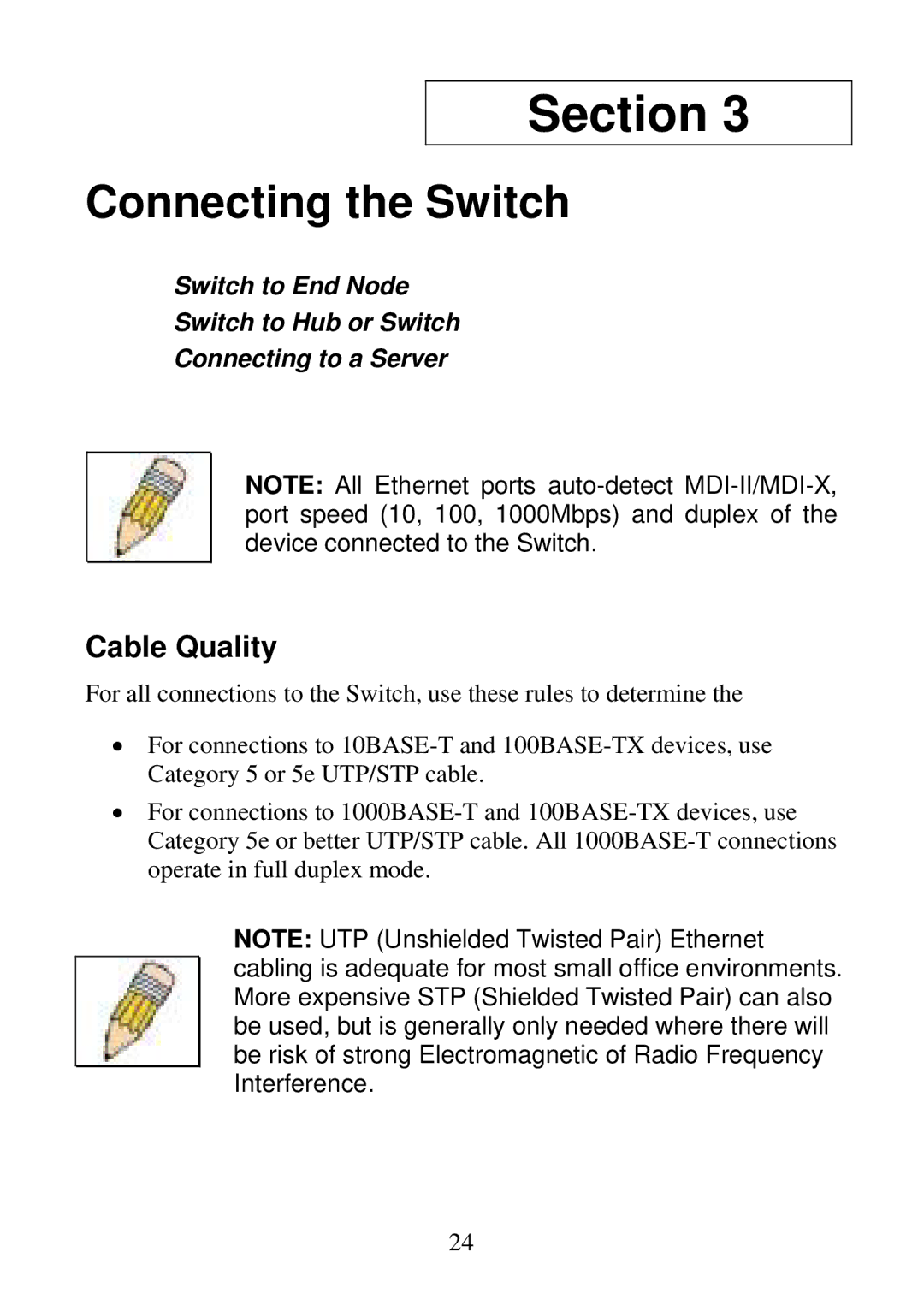 D-Link DGS-1024D, DGS-1016D manual Section, Cable Quality 