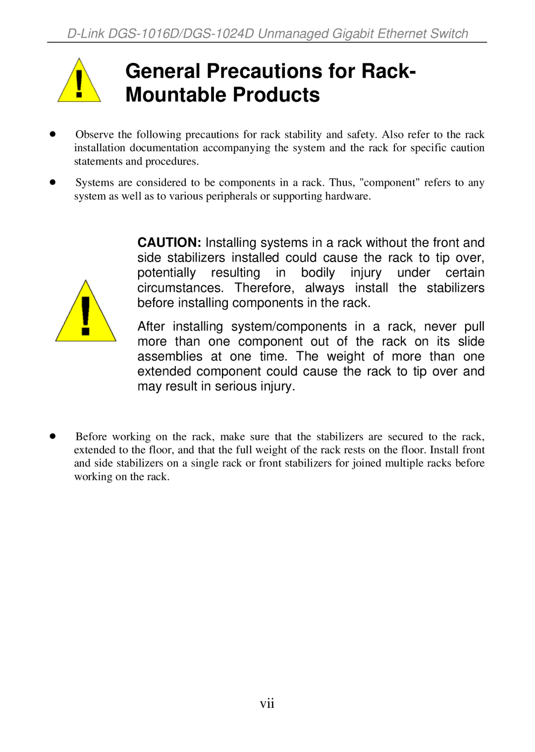 D-Link DGS-1016D, DGS-1024D manual General Precautions for Rack Mountable Products 