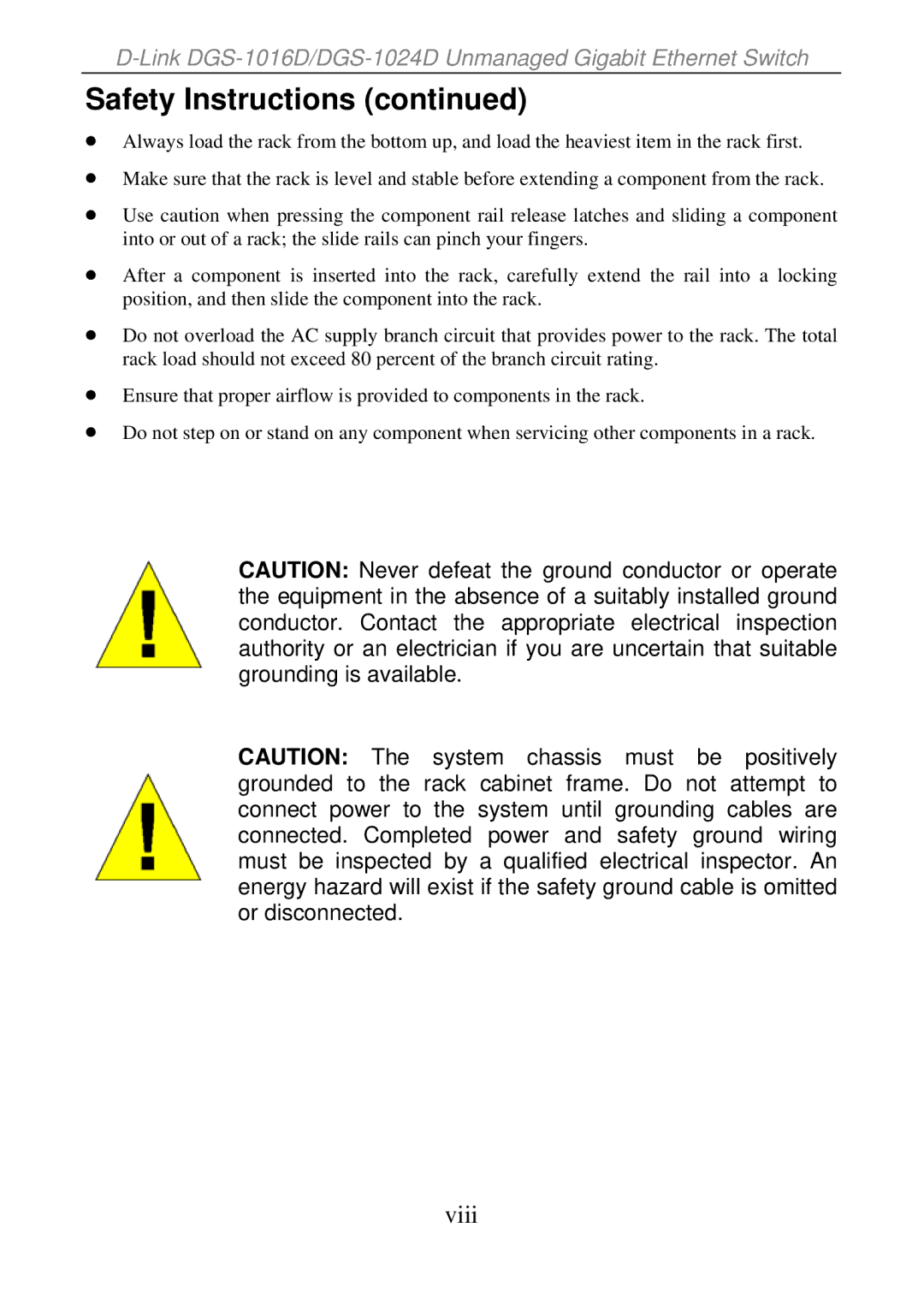 D-Link DGS-1024D, DGS-1016D manual Safety Instructions 