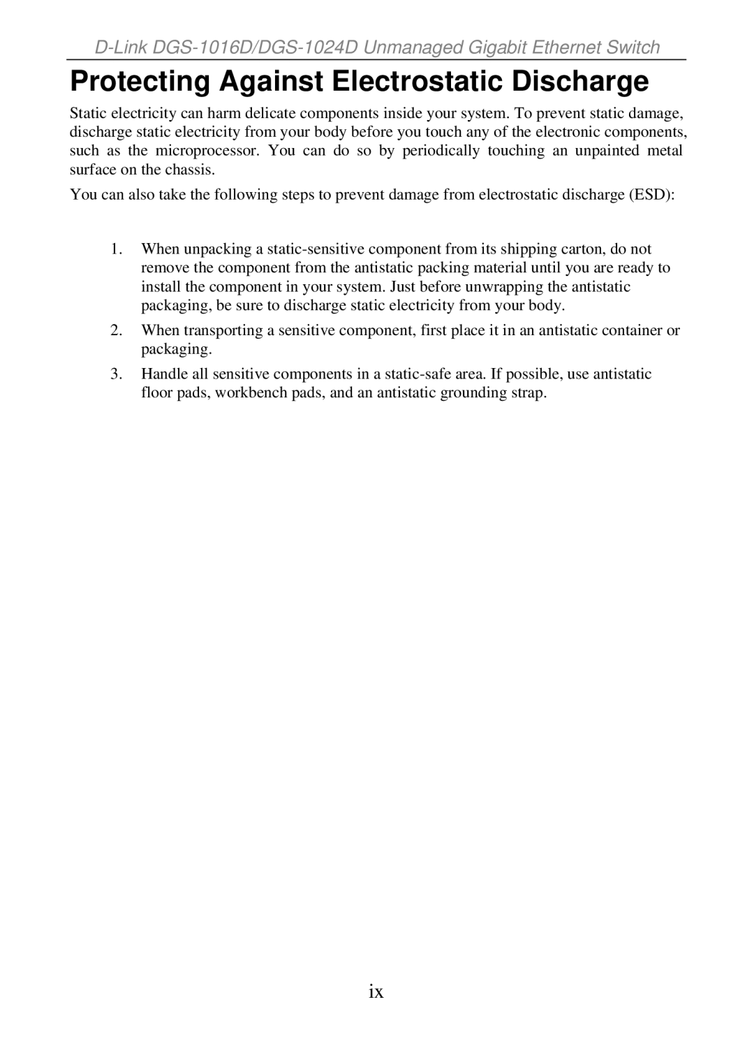 D-Link DGS-1016D, DGS-1024D manual Protecting Against Electrostatic Discharge 