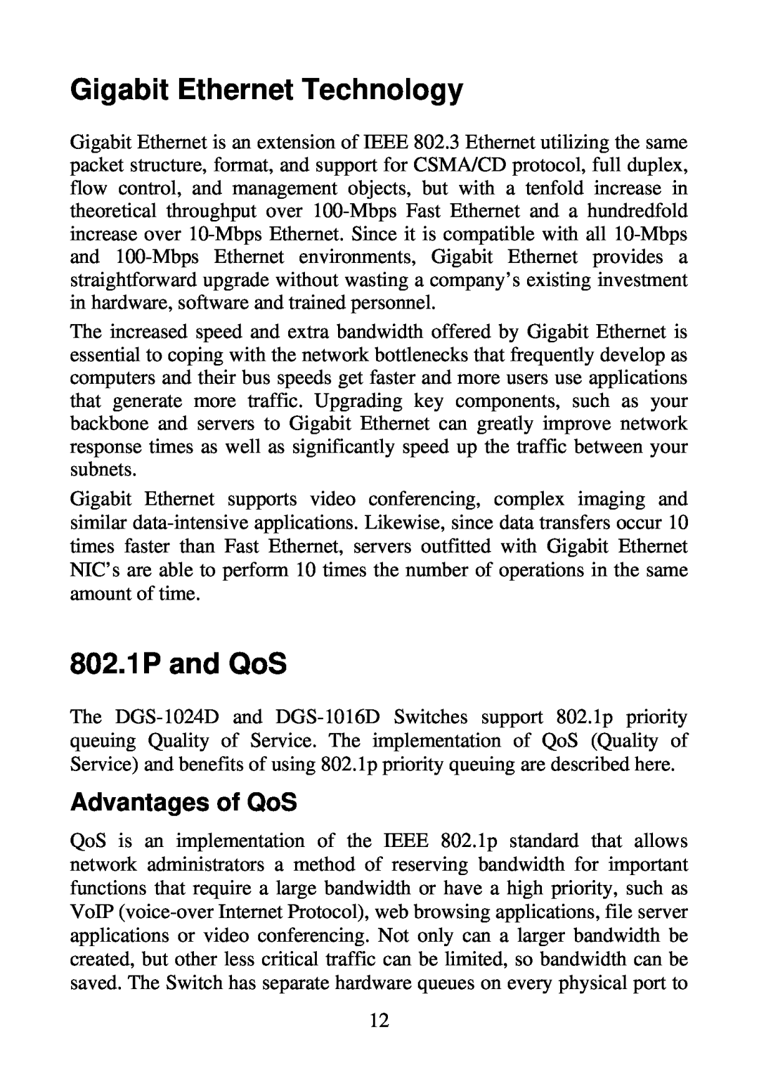D-Link DGS-1024D, DGS-1016D manual Gigabit Ethernet Technology, 802.1P and QoS, Advantages of QoS 