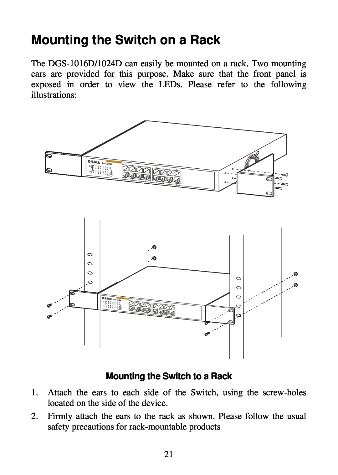 D-Link DGS-1016D, DGS-1024D manual Mounting the Switch on a Rack, Mounting the Switch to a Rack 