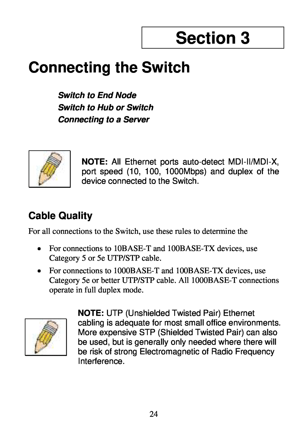 D-Link DGS-1024D, DGS-1016D manual Section, Connecting the Switch, Cable Quality 