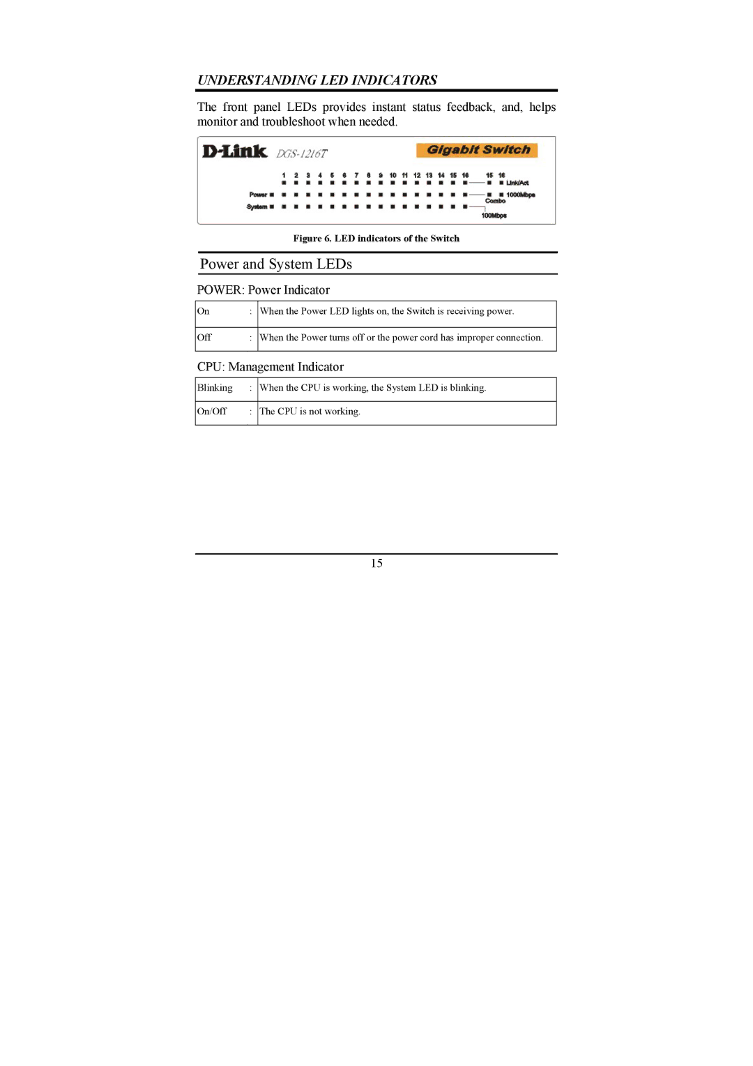 D-Link DGS-1216T manual Power and System LEDs, Understanding LED Indicators 