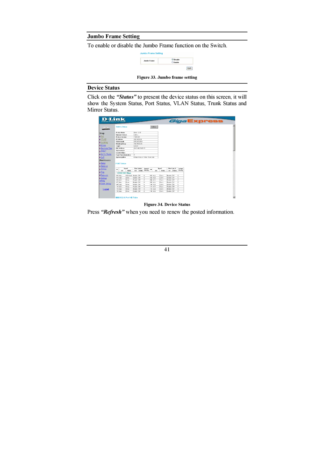 D-Link DGS-1216T manual Jumbo Frame Setting, Device Status 