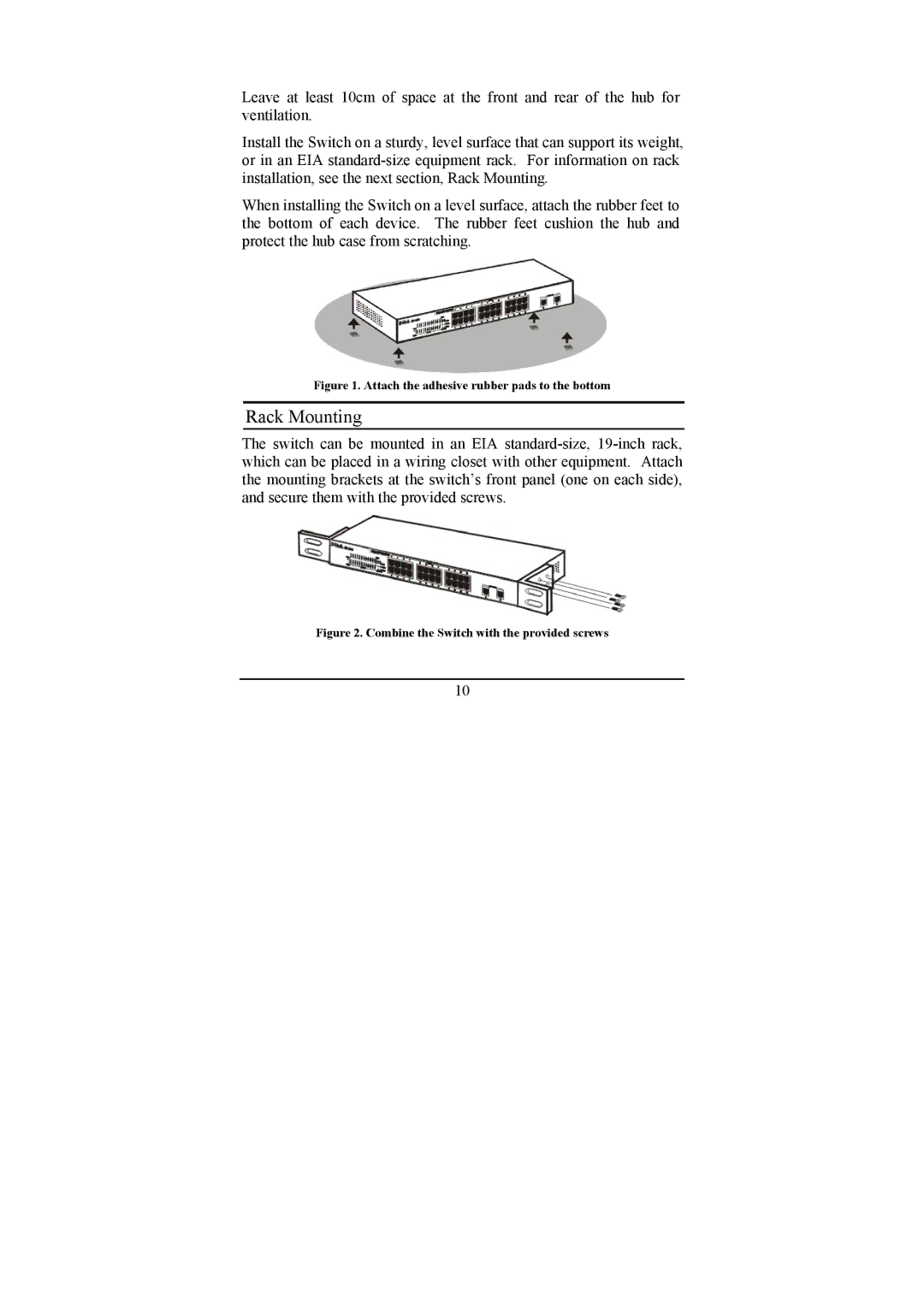 D-Link DGS-1224T manual Rack Mounting, Attach the adhesive rubber pads to the bottom 