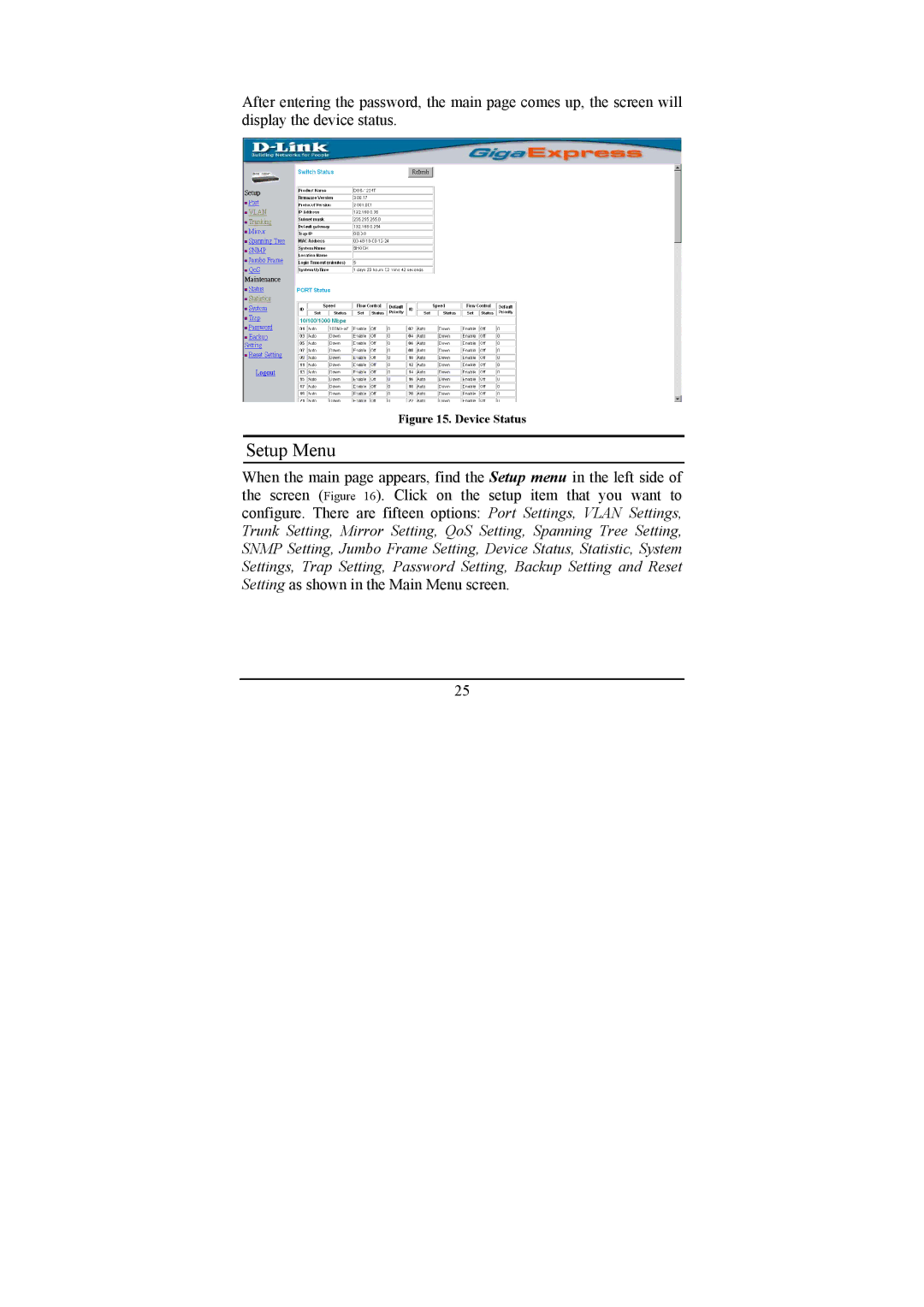 D-Link DGS-1224T manual Setup Menu, Device Status 