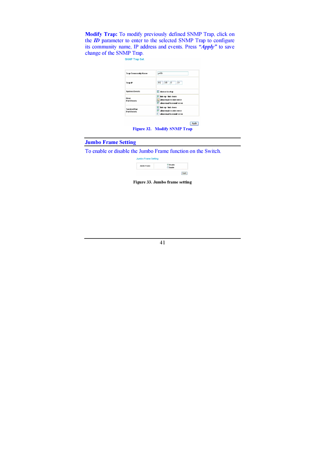 D-Link DGS-1224T manual Jumbo Frame Setting, Modify Snmp Trap 