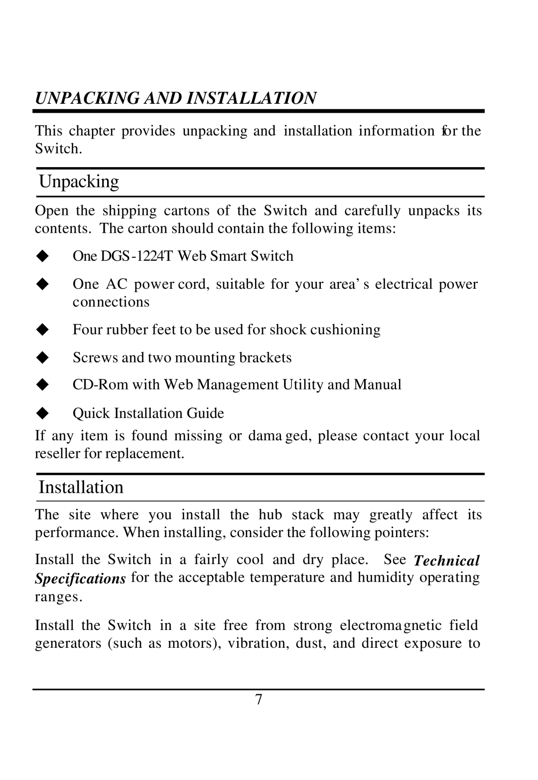 D-Link DGS-1224T manual Unpacking, Installation 